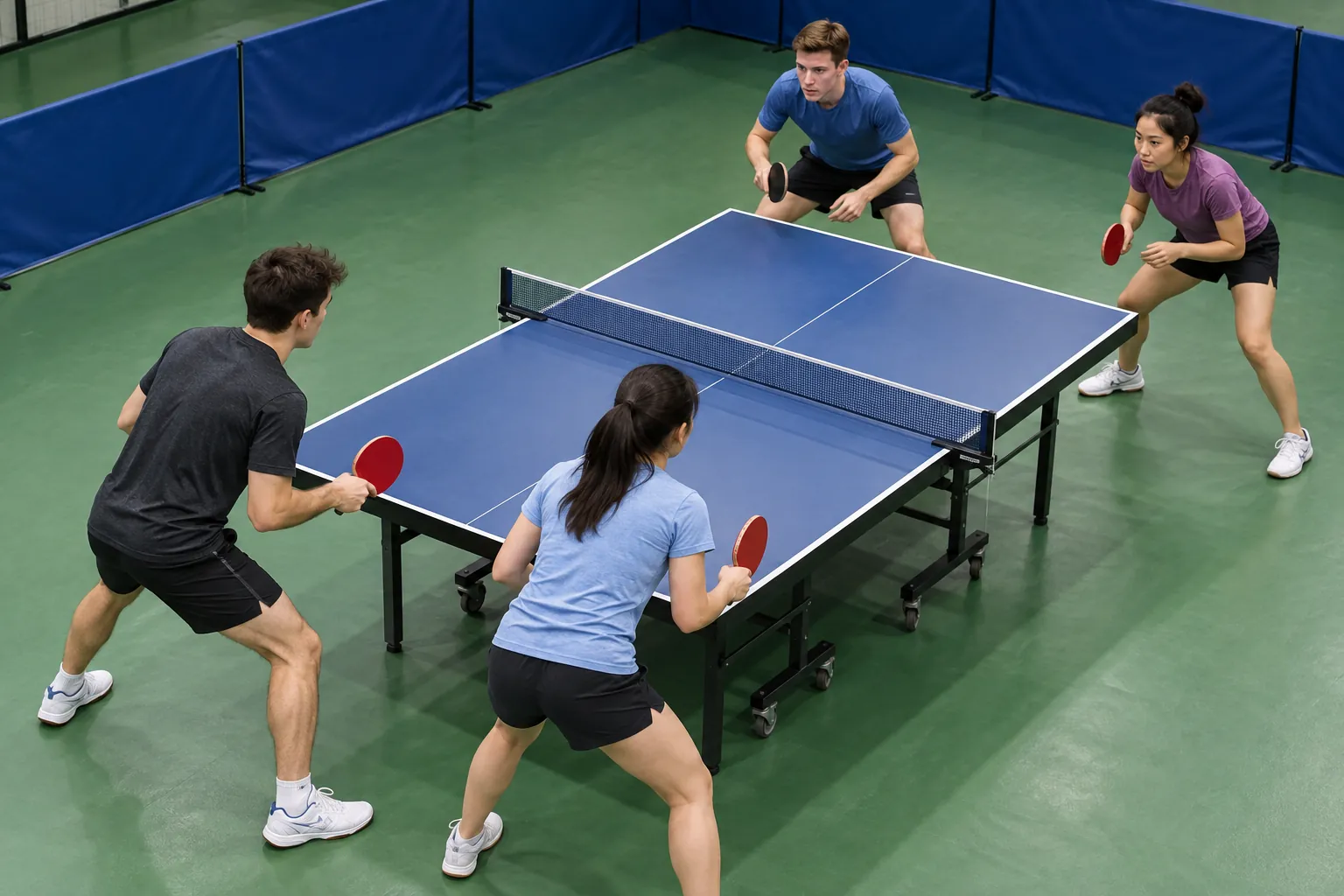 Young adults prepare for a doubles table-tennis game.