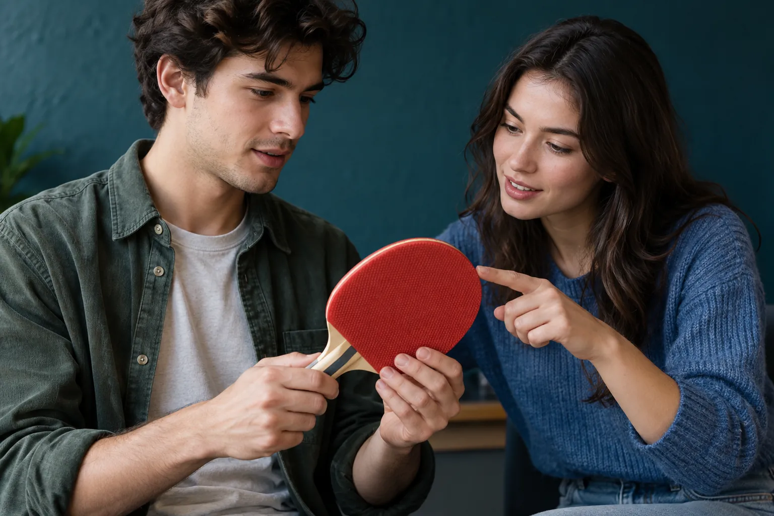 Illustration: Young adults examine the rubber surface of a table-tennis paddle.