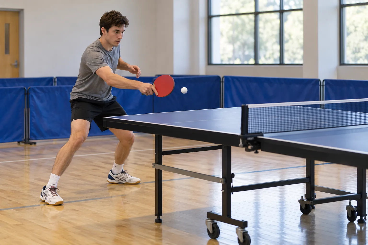 Illustration: A young adult man making a compact backhand return at a table-tennis session.