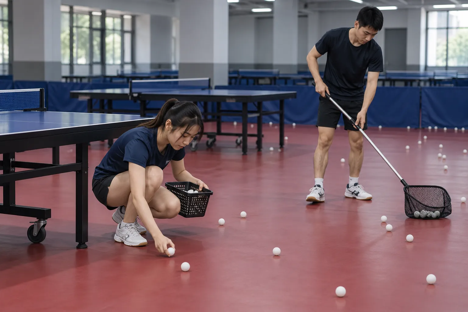 Illustration: Table-tennis players collect balls after practice.