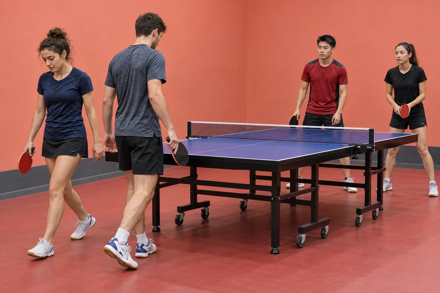 Illustration: Table-tennis partners changing position between doubles points.