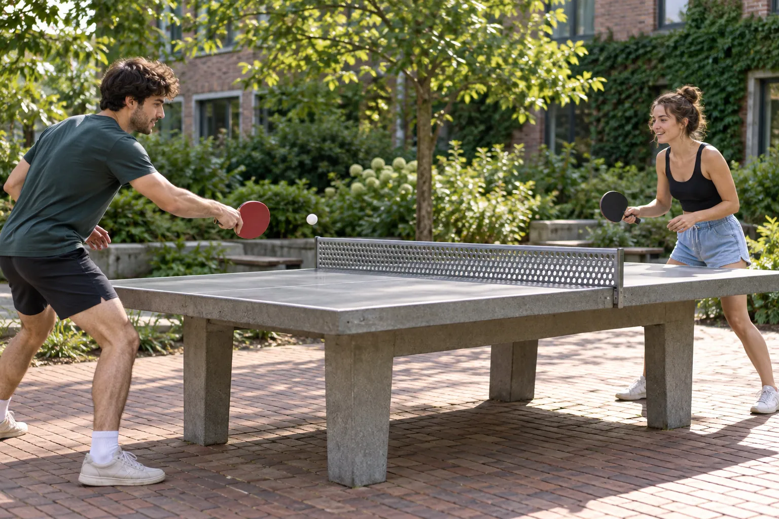 Illustration: Two people enjoying a relaxed outdoor table-tennis rally.