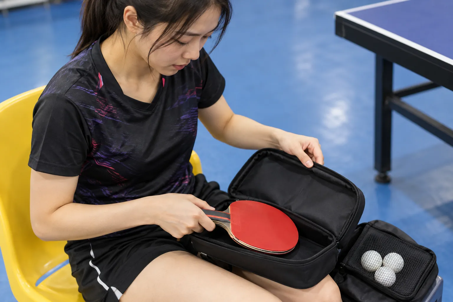 Illustration: A young adult table-tennis player packs a paddle into its case.