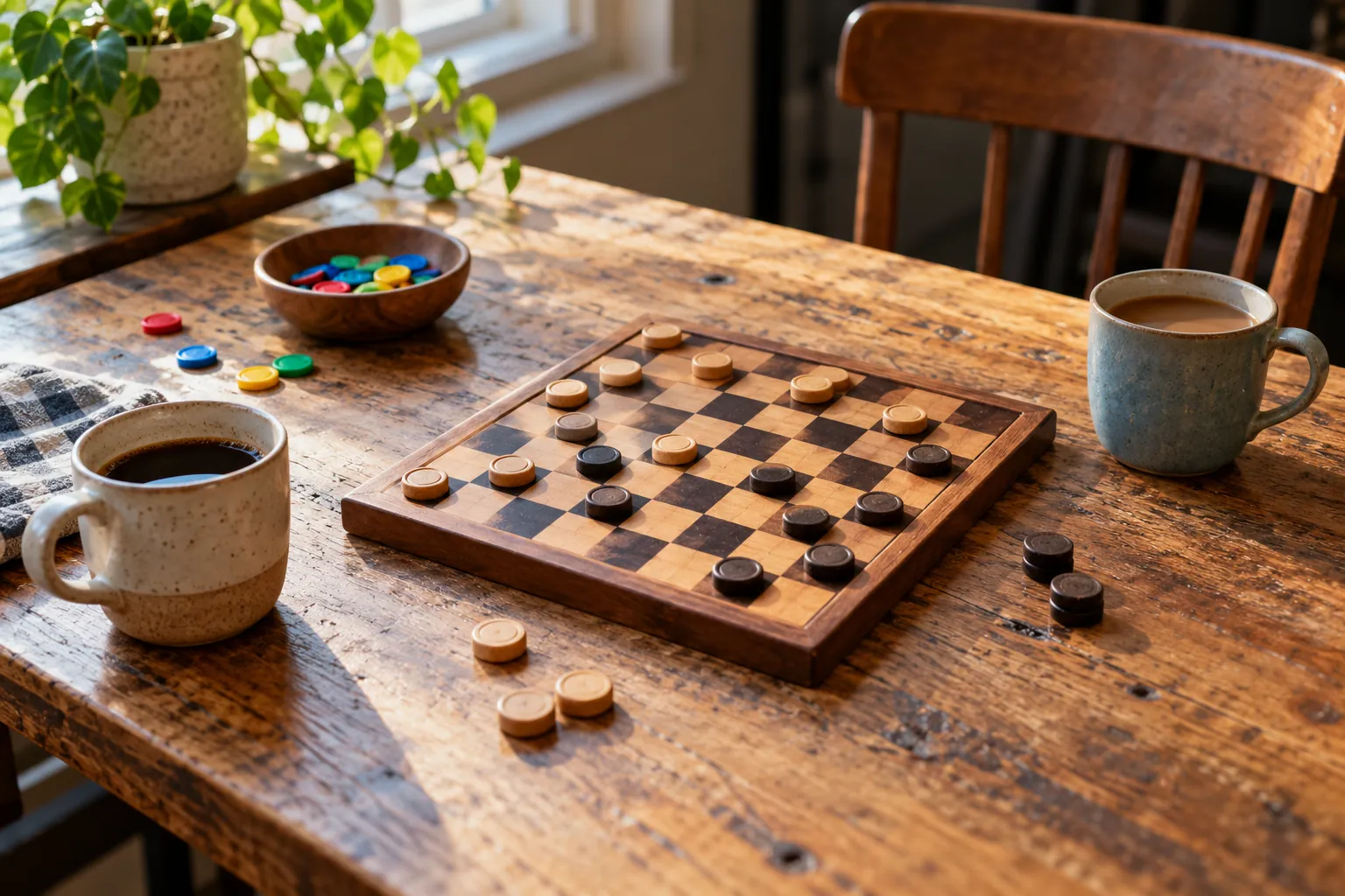 Illustration: A wooden game board, counters and ceramic cups on a café table.