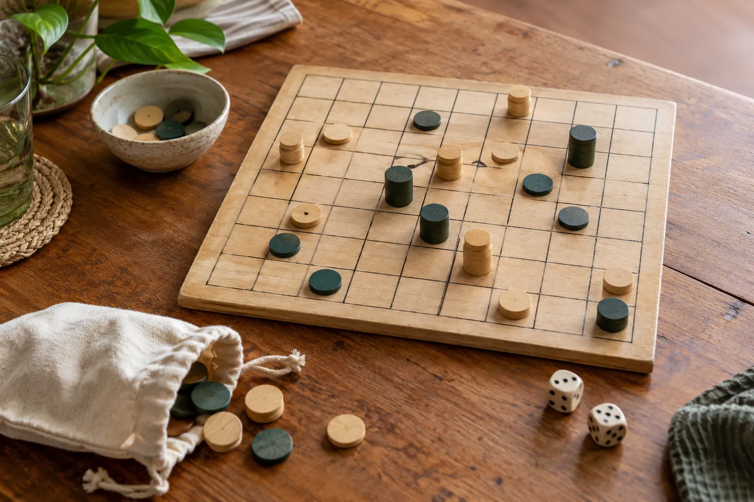 Illustration: Wooden counters, pip dice and a plain grid board on a table.