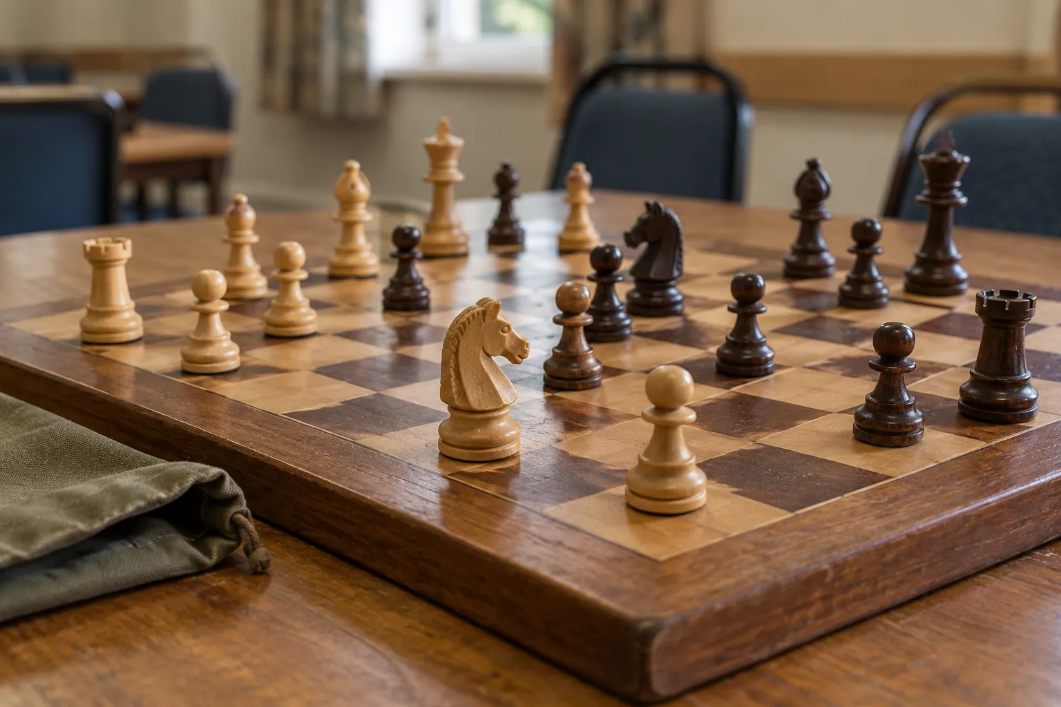 Illustration: Wooden chess pieces on an unmarked board in a quiet community room.