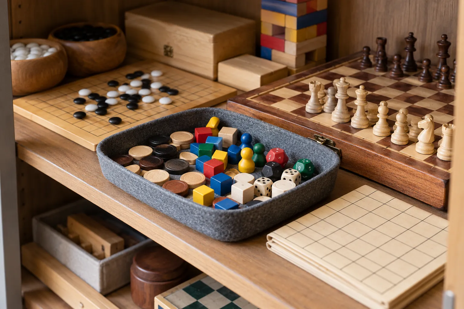 Illustration: Wooden counters in a felt tray beside a folded grid board.