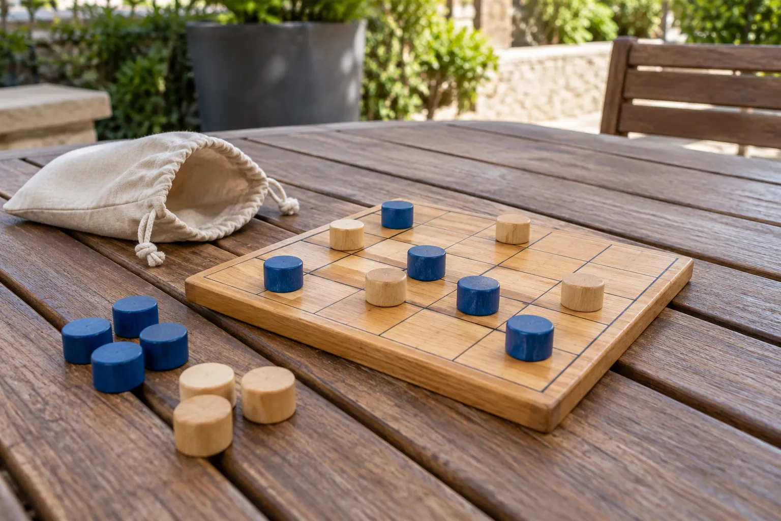 Illustration: A plain grid board and cylindrical counters on a courtyard table.