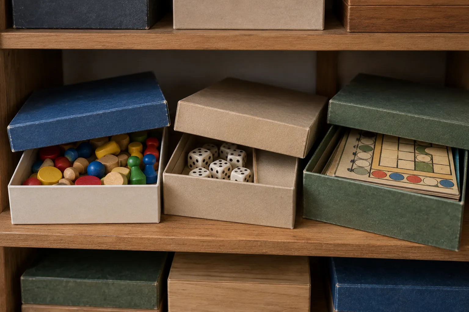 Illustration: Unmarked game boxes and simple components on a library shelf.