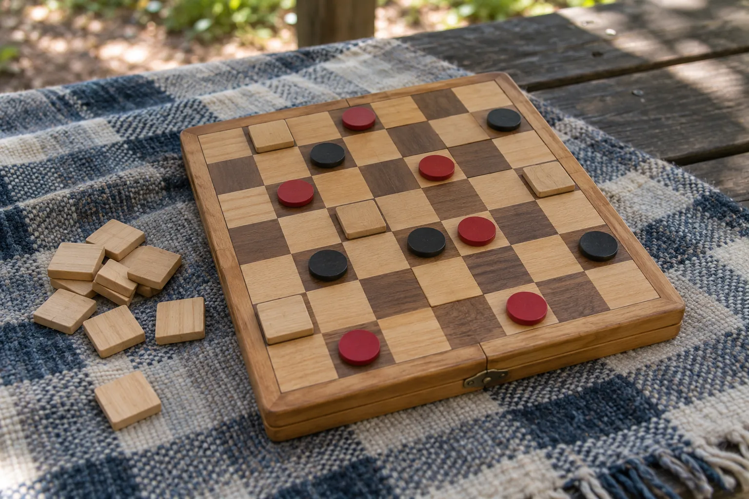 Illustration: Wooden tiles and counters on a folding board outdoors.