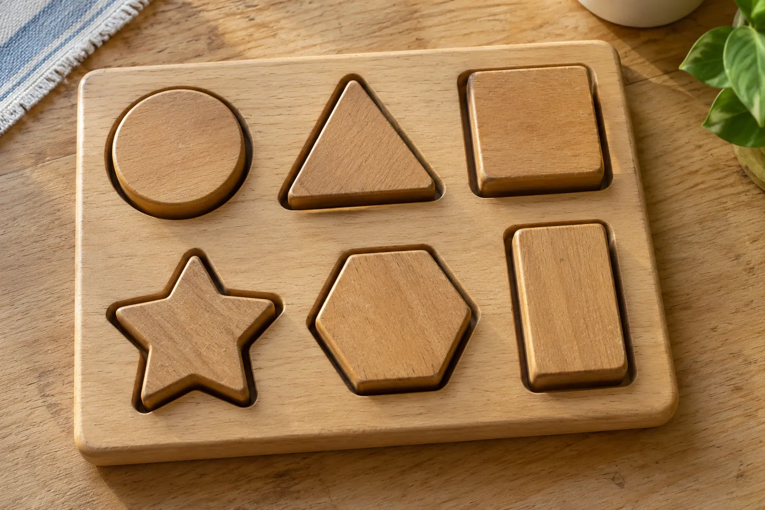 Illustration: Wooden shape pieces beside a handmade sorting board.