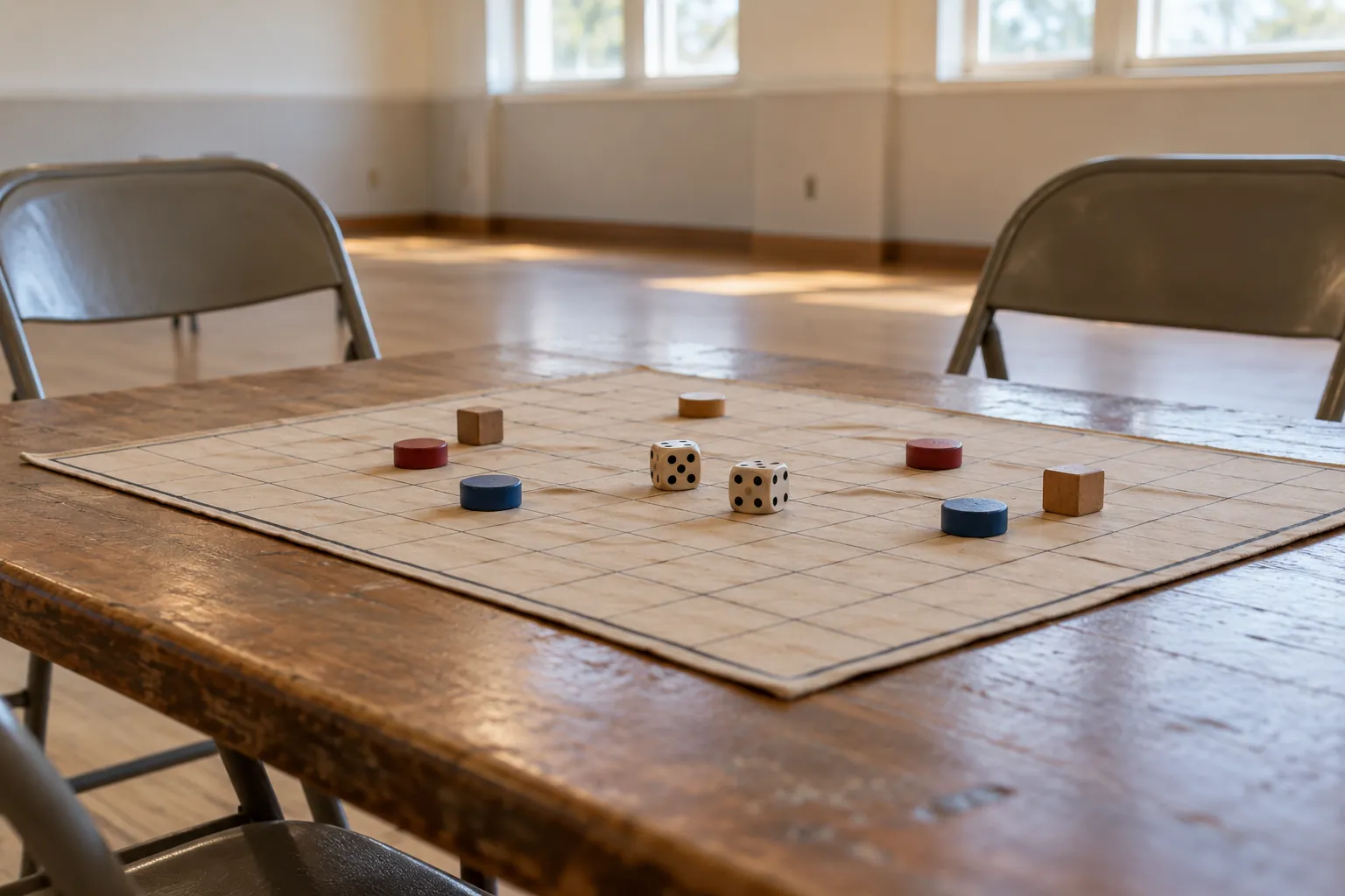 Illustration: A gridded mat, dice and wooden markers on a folding table.
