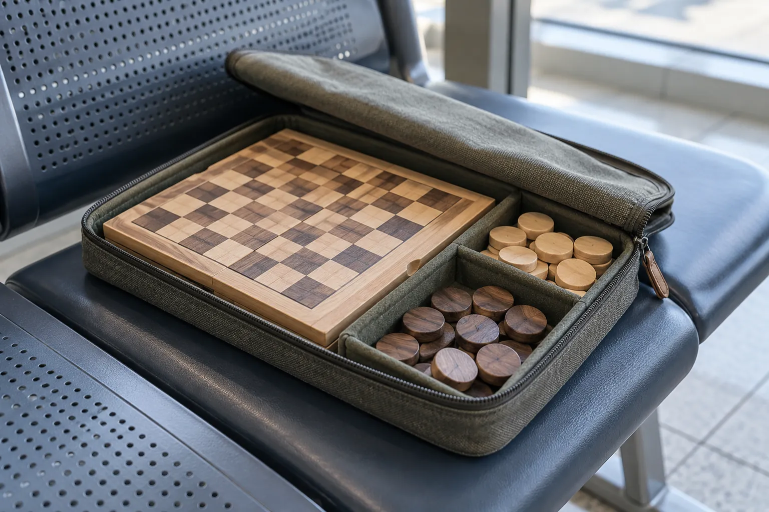 A travel-game case with a folding board and wooden discs.