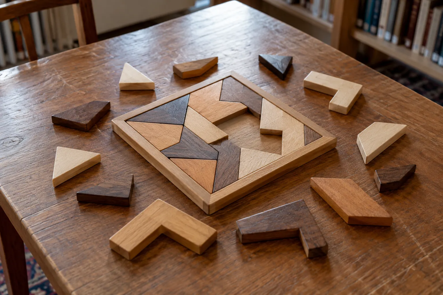 Illustration: Geometric puzzle pieces around an unfinished wooden frame.