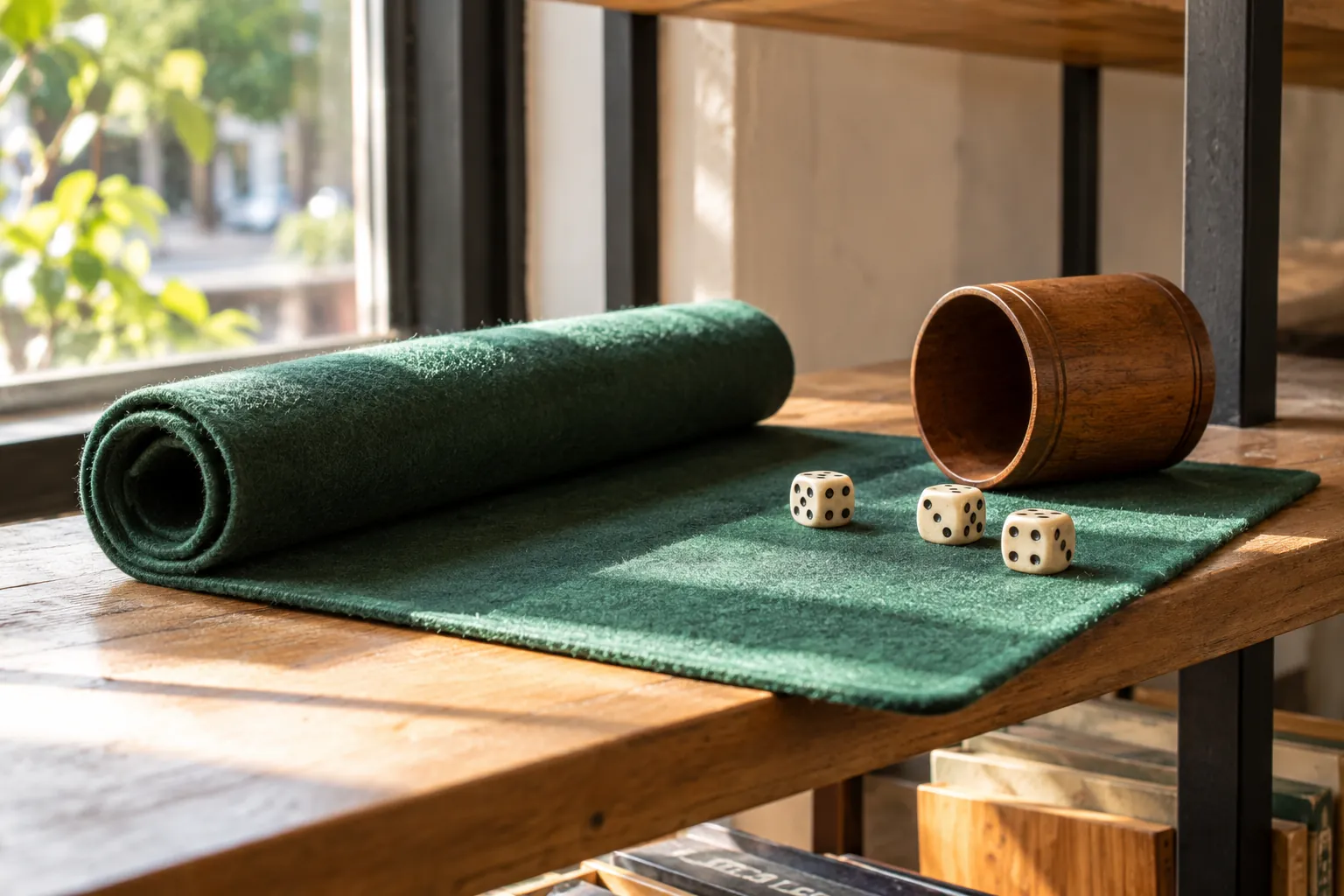 Illustration: A felt play mat, wooden dice cup and pip dice.
