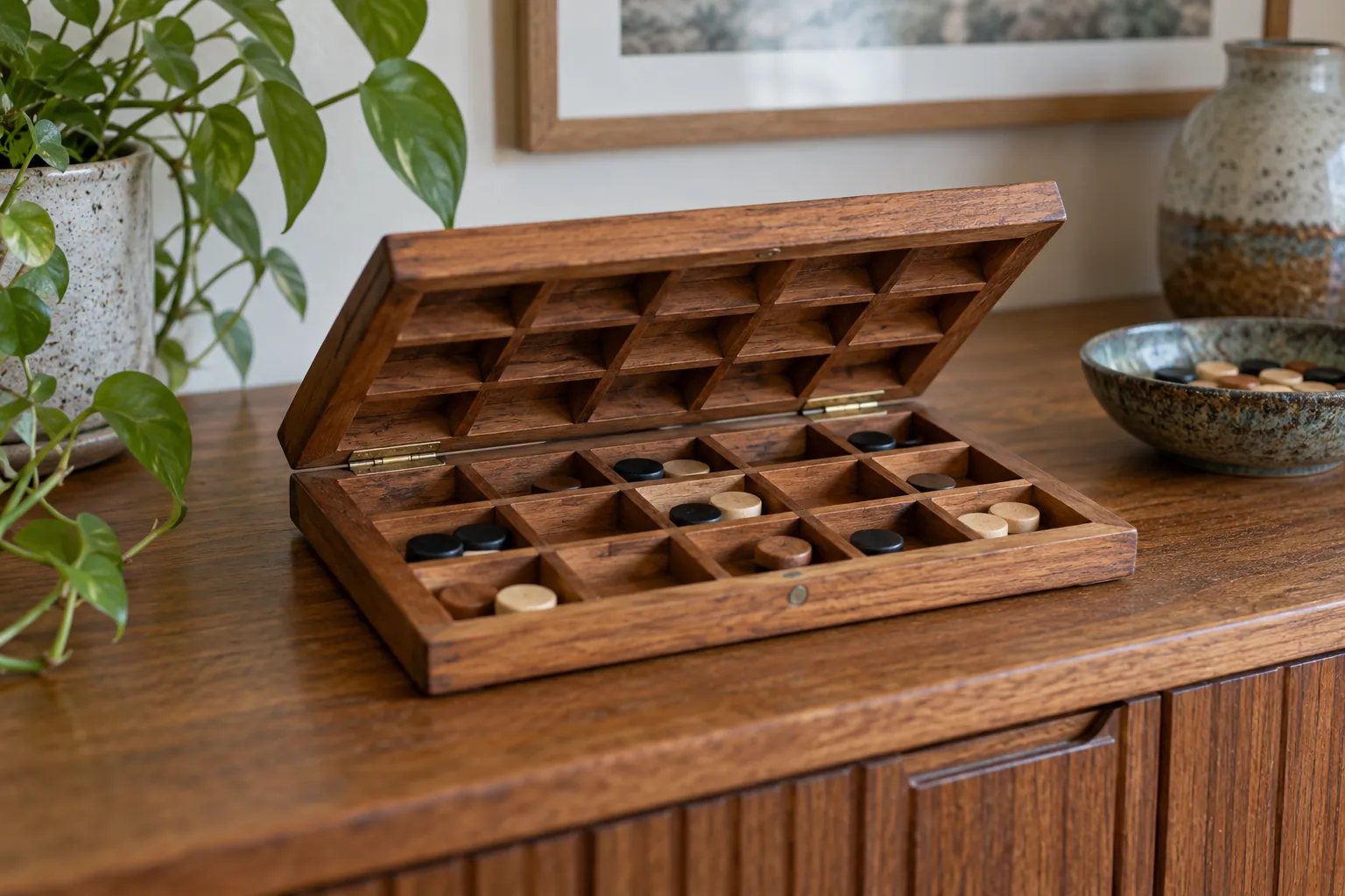 Illustration: A folding wooden board with counters in its compartments.