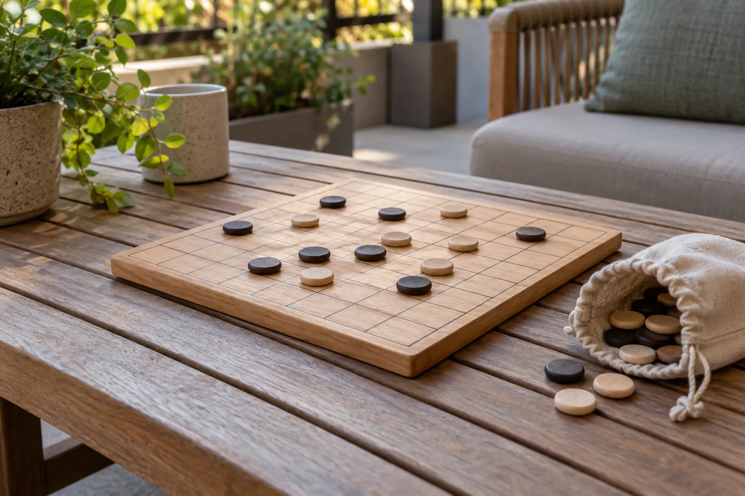 Illustration: An unlabeled lattice board and spare discs on a terrace.