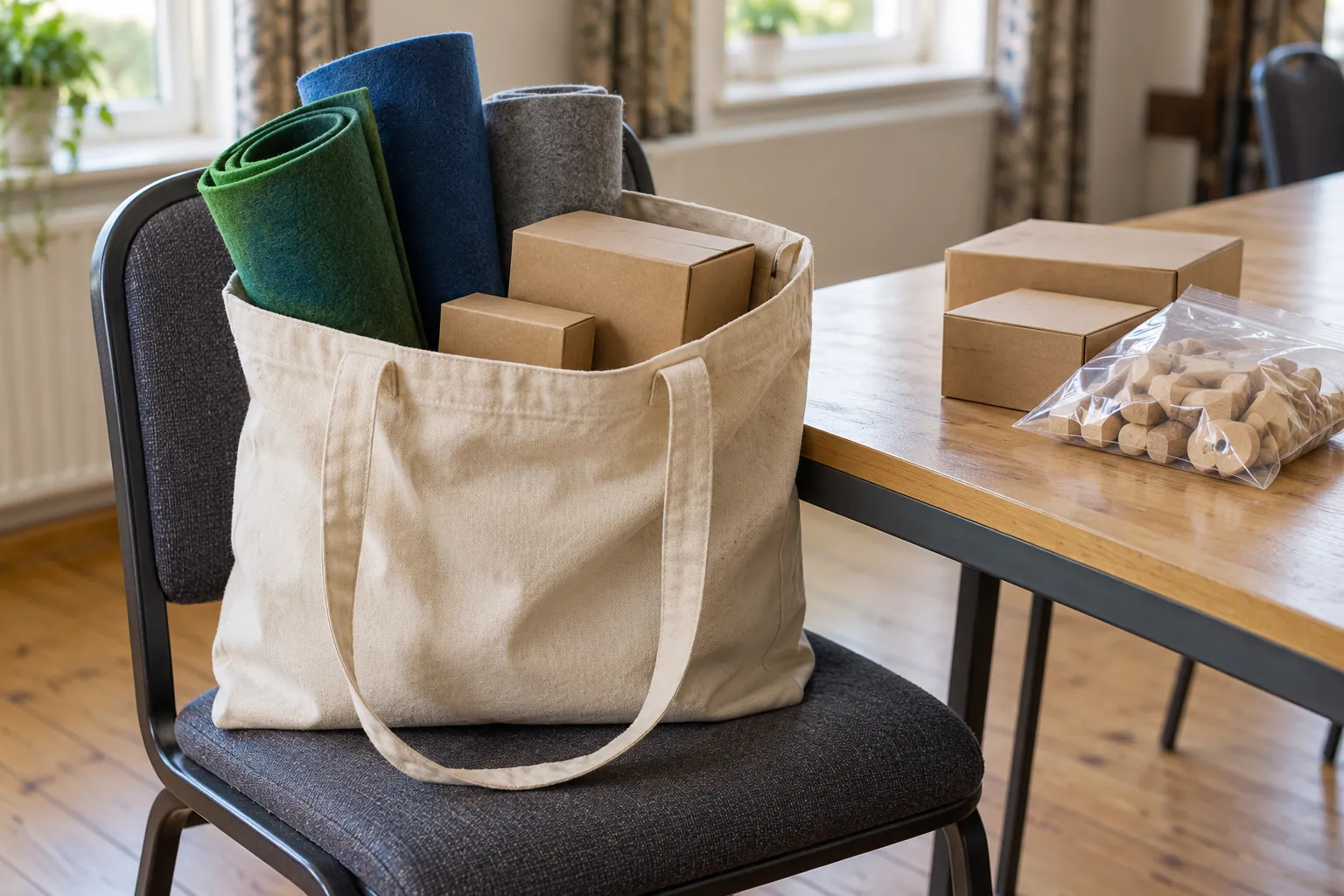 A tote holding play mats and plain game-component boxes.