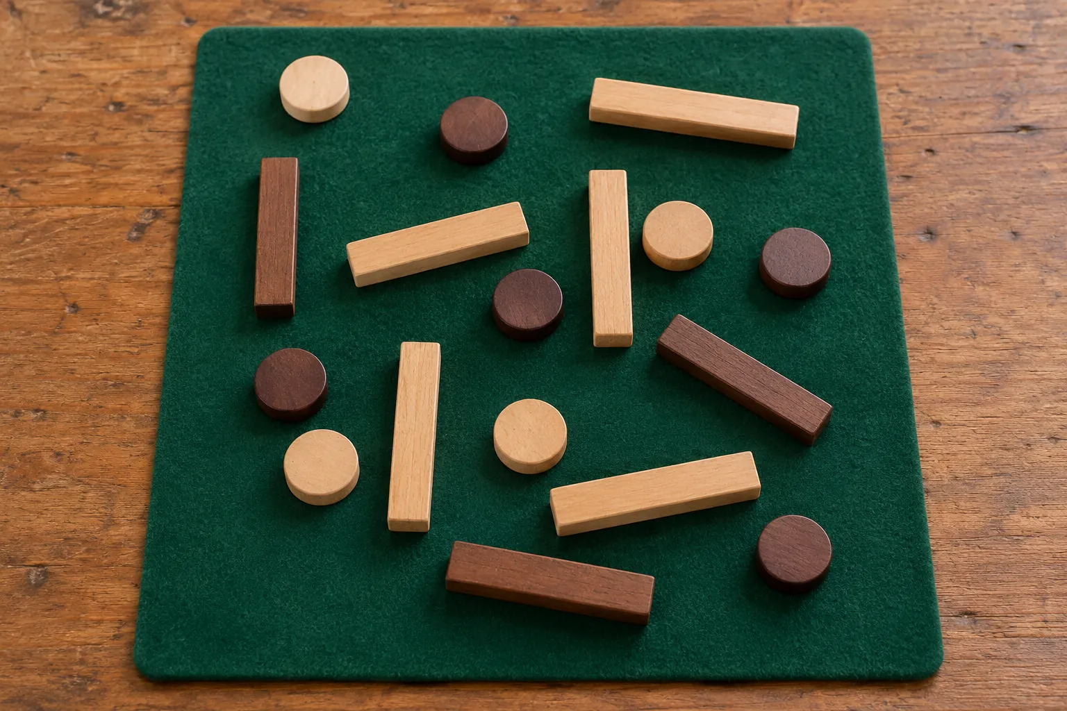 Illustration: Wooden bars and discs arranged on plain felt.