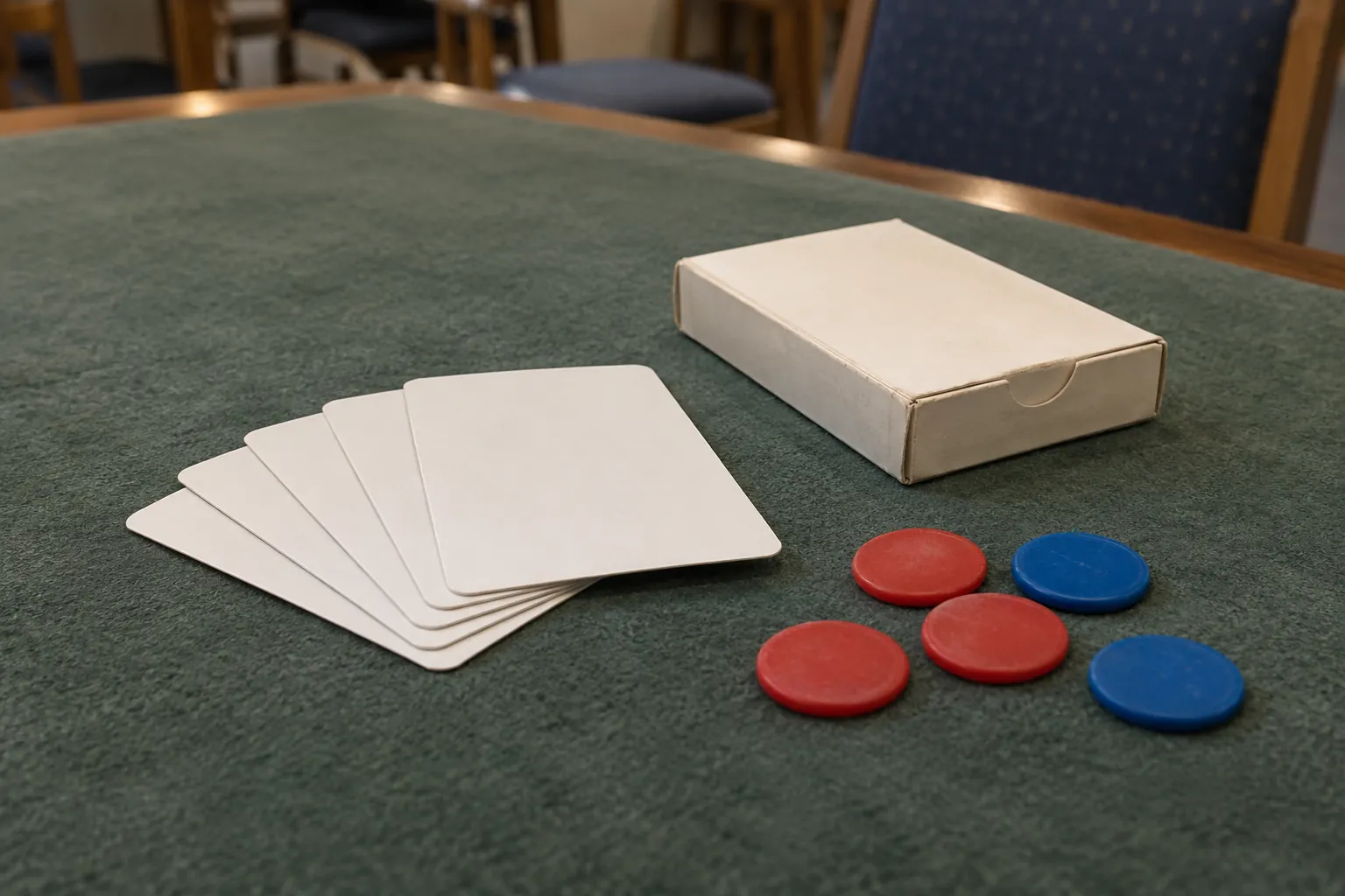 Illustration: Plain-backed playing cards and counters on a felt surface.
