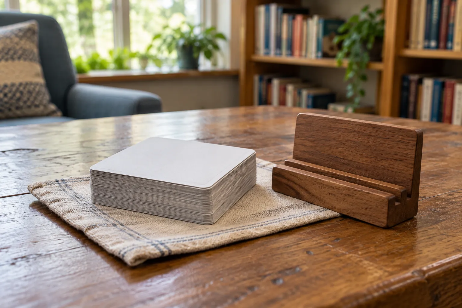 Illustration: A plain card deck and wooden holder in a library nook.