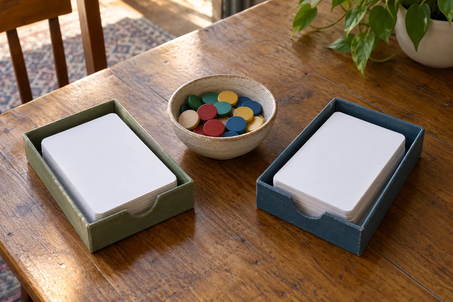 Illustration: Two card trays and a bowl of counters on a club table.