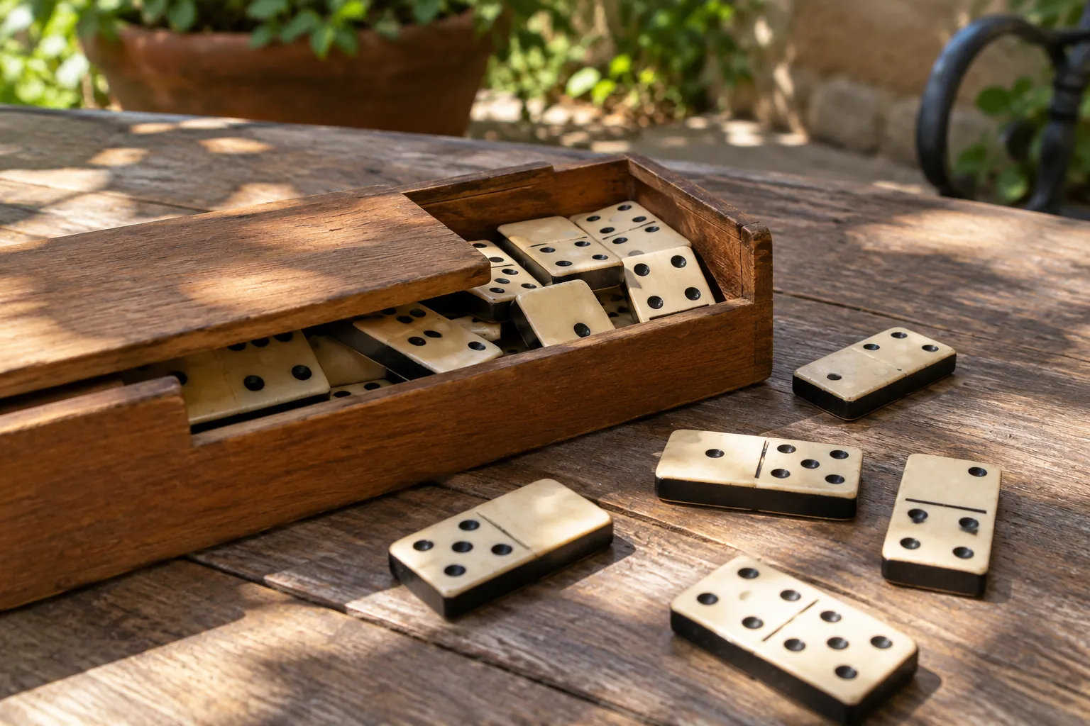 Illustration: Pip dominoes beside an open wooden case.