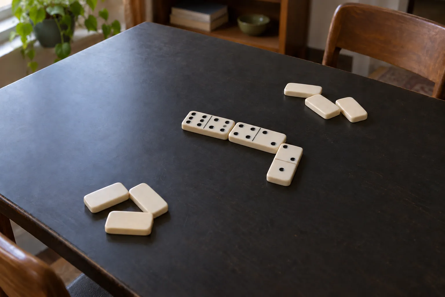 Illustration: A short line of pip dominoes with face-down spare tiles.