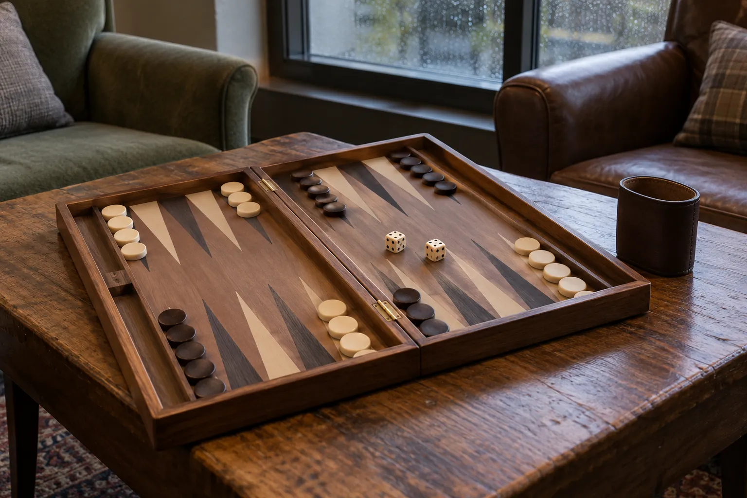 Illustration: A backgammon board with checkers, pip dice and a cup.