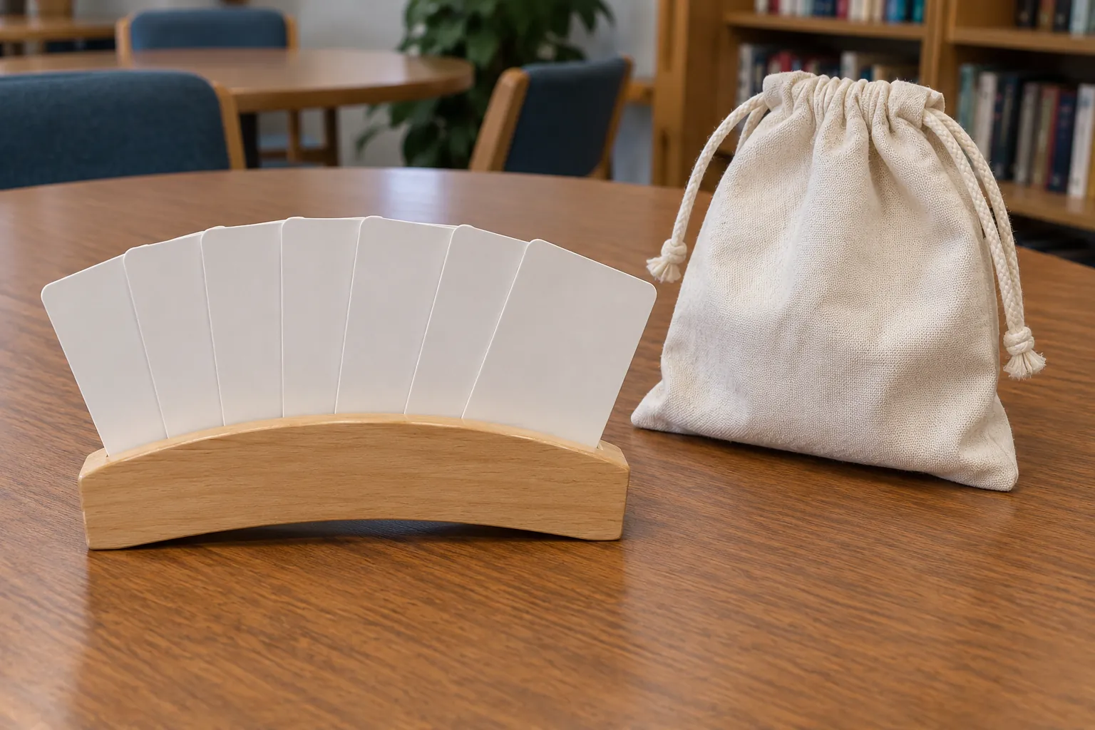 Illustration: Face-down cards in a wooden rack beside a cotton pouch.