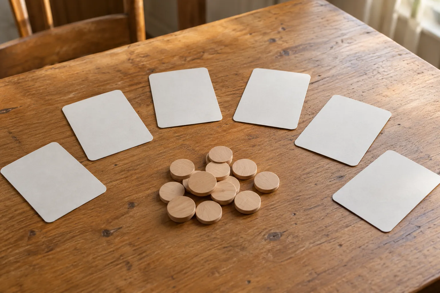 Illustration: Blank role cards and wooden voting counters on a table.