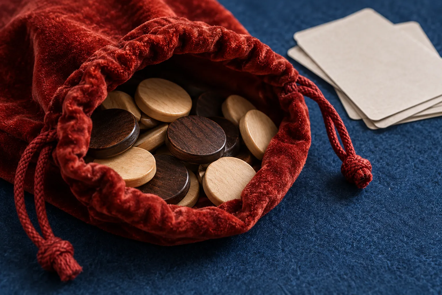 Illustration: Wooden voting tokens inside a red velvet game bag.