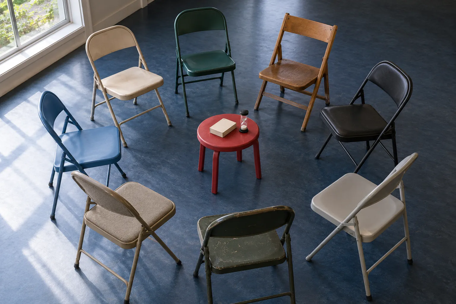 Illustration: Empty chairs arranged for a social deduction game.