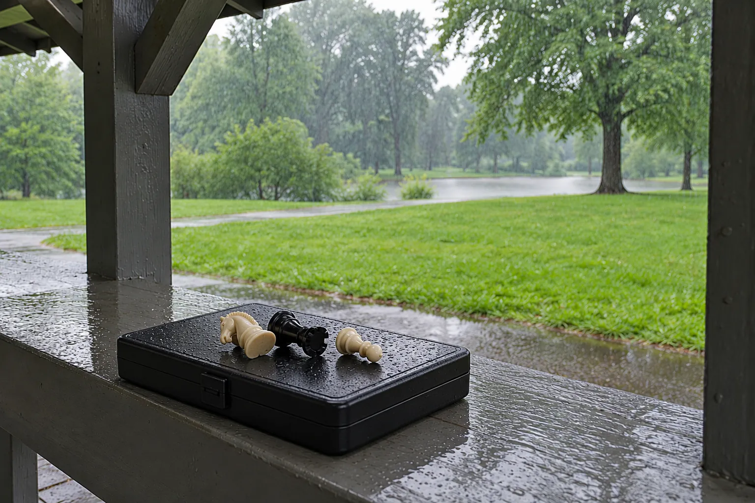 Illustration: Three loose chess pieces on a closed travel case in a rainy park shelter.