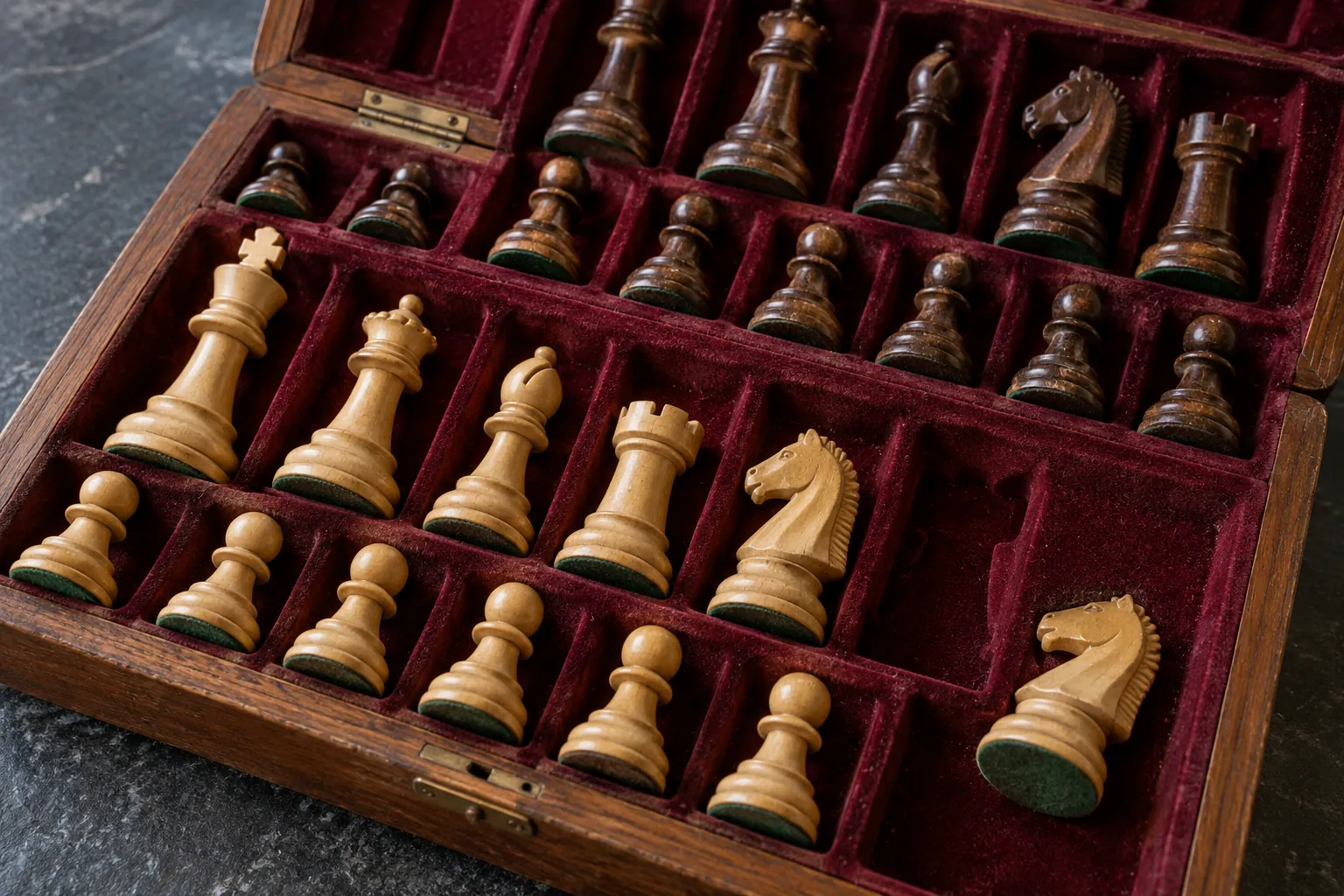 Illustration: Wooden chess pieces fitted into burgundy-lined compartments.