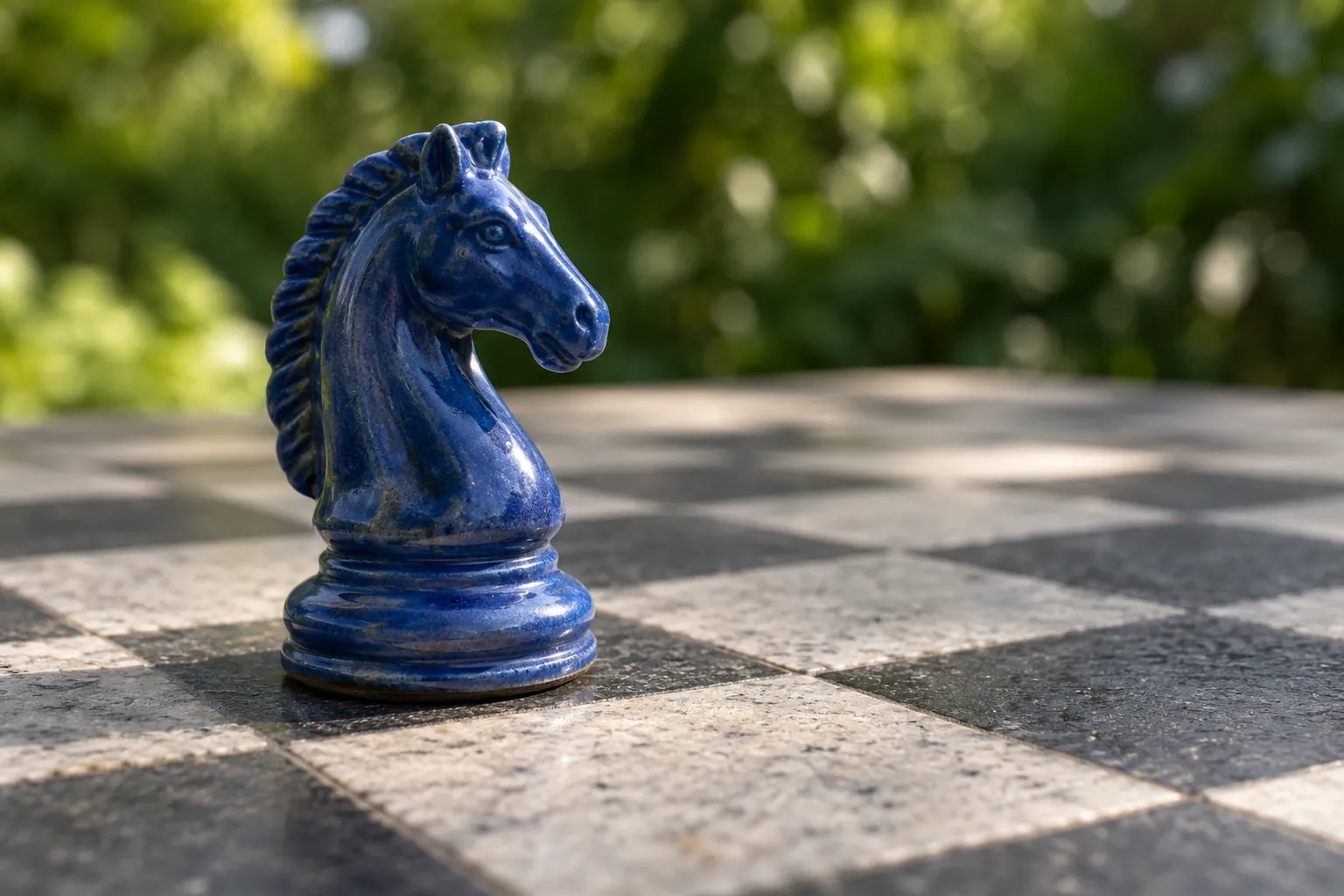 A cobalt ceramic knight on a stone chessboard.