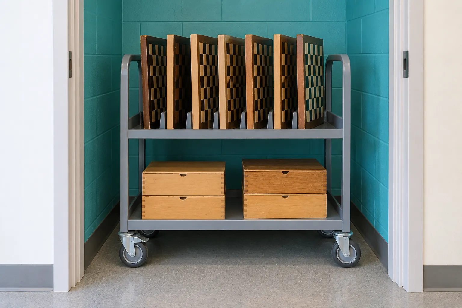 Folded chessboards and piece boxes on a storage trolley.
