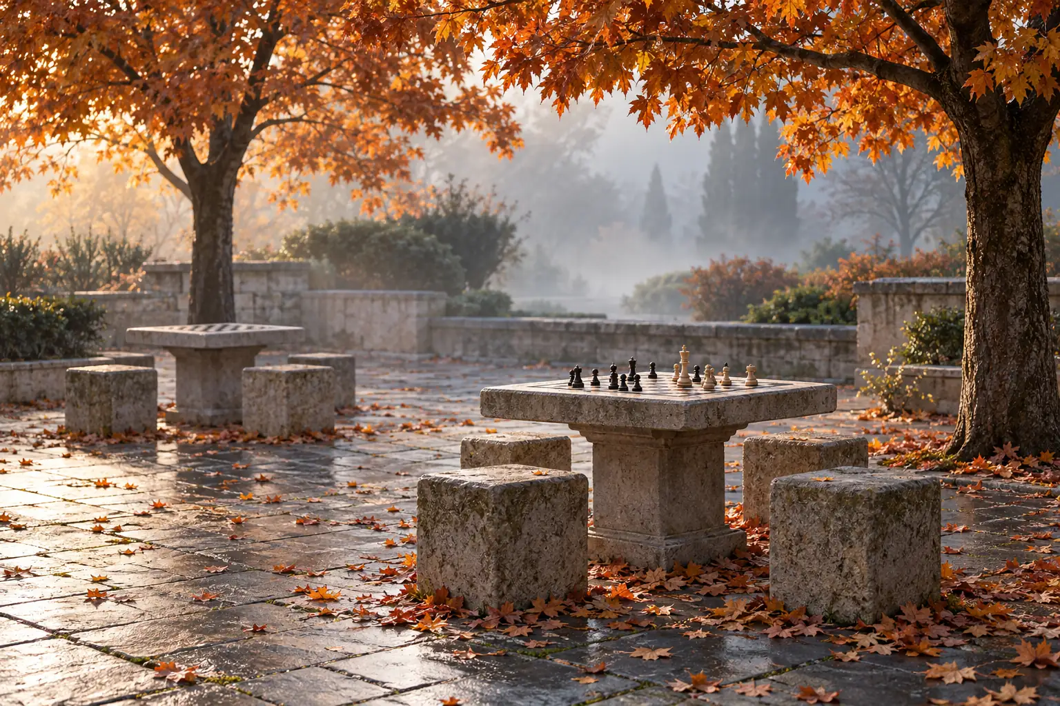 Illustration: Empty outdoor chess tables beneath autumn trees.