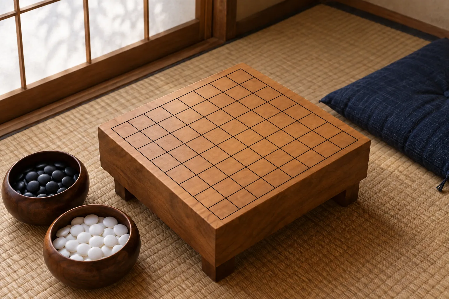 Illustration: A nine-line Go board and stone bowls by a paper window.