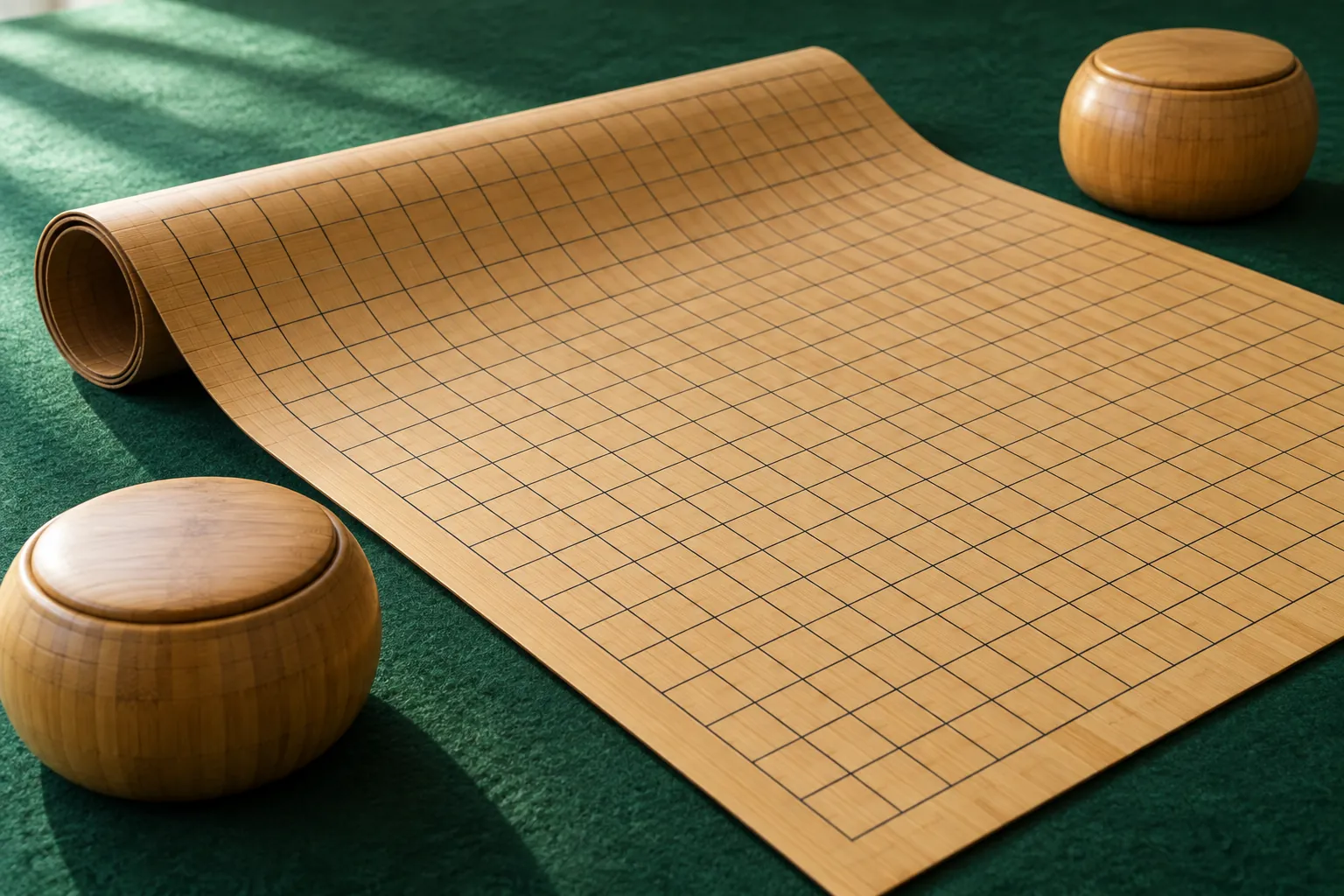 A partly unrolled Go mat between bamboo stone bowls.