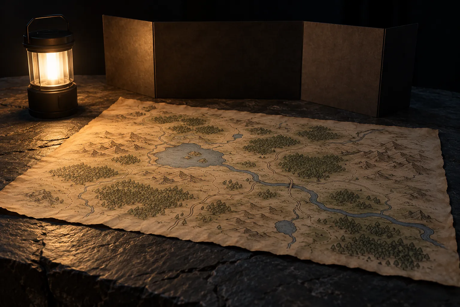 Illustration: An unlabeled adventure map lit by a small lantern.