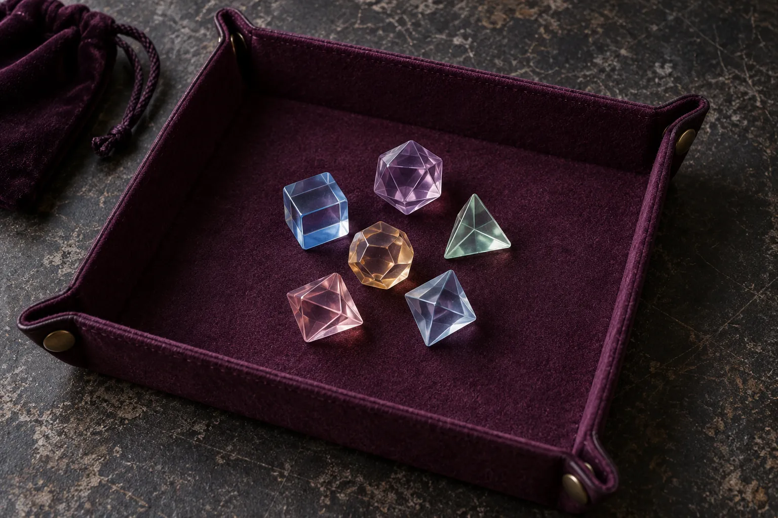 Illustration: Translucent gaming dice in a deep plum rolling tray.