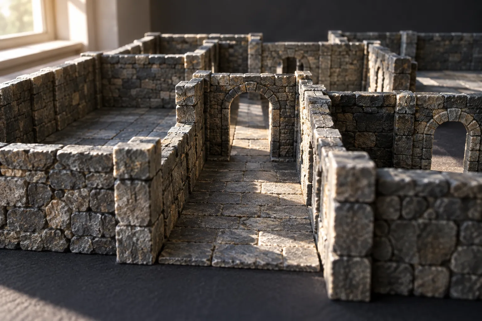 Illustration: Empty modular dungeon corridors in a tabletop model.
