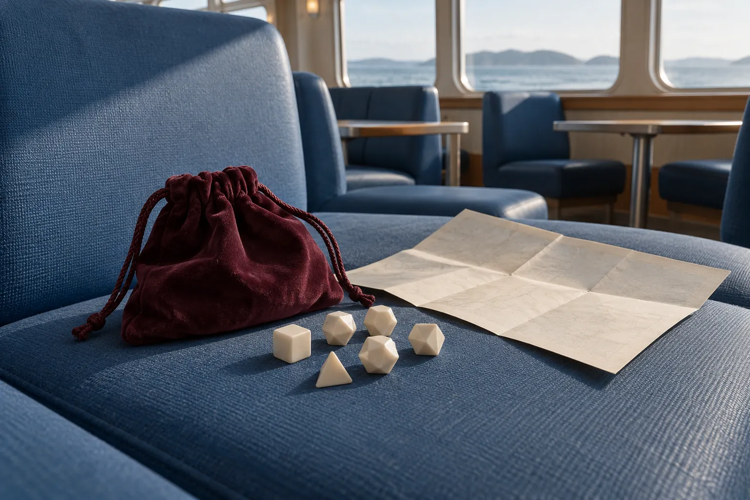 Illustration: Plain faceted polyhedral dice without markings, a burgundy pouch and a blank folded paper map rest on a blue upholstered seat in an empty ferry lounge.