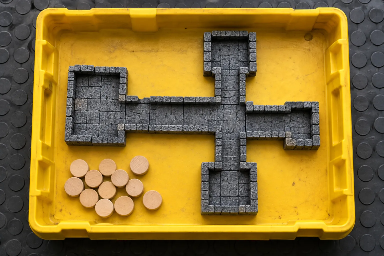 Illustration: Original simple modular dungeon corridor tiles and plain wooden counters sit inside a yellow workshop tray on charcoal rubber flooring, photographed overhead.