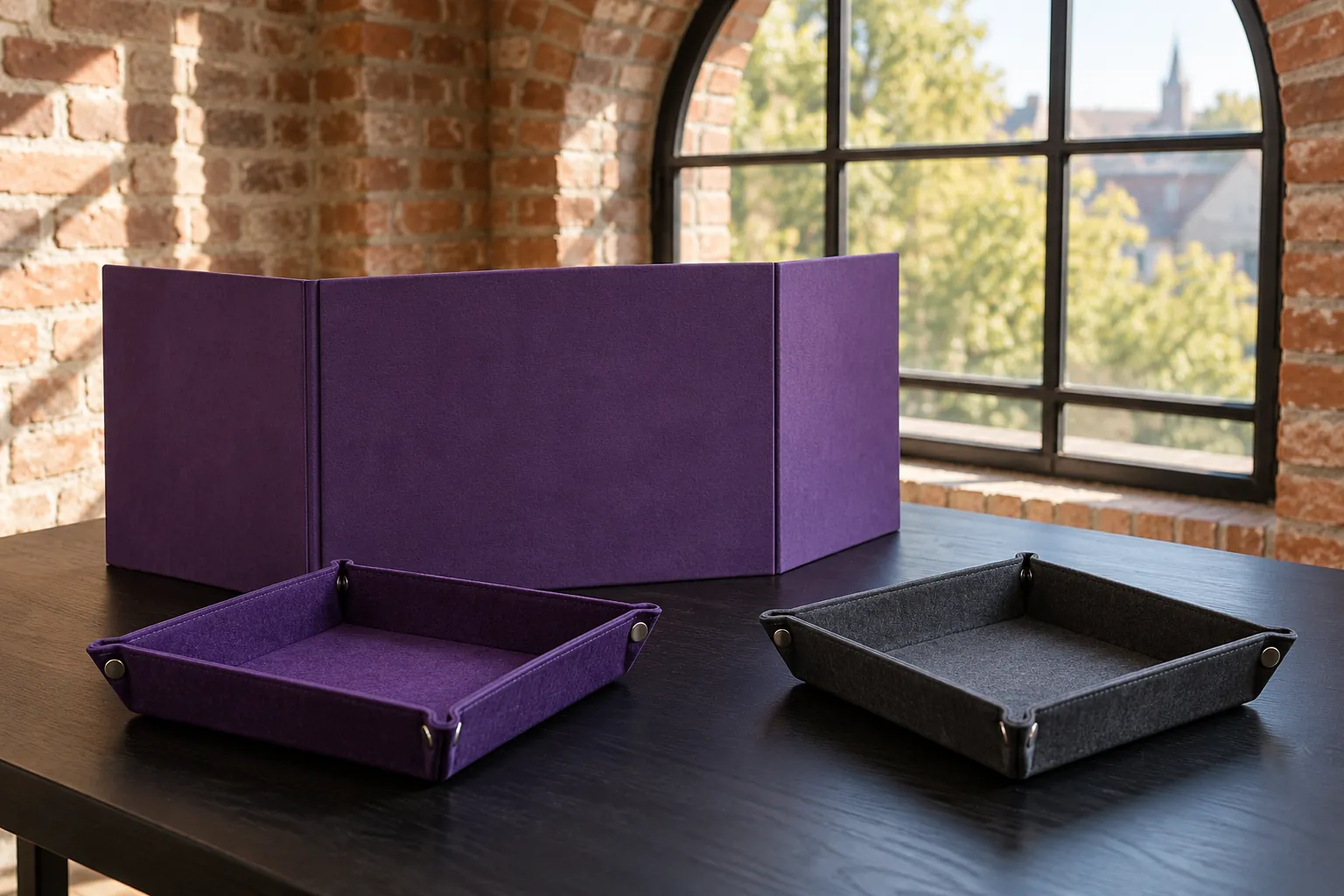 Illustration: A plain violet folding game-master screen and two empty felt dice trays stand on a black table beside an arched brick window, seen wide in soft daylight.