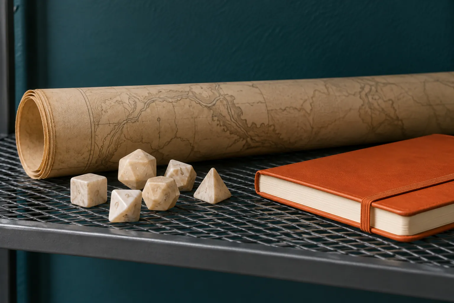 Illustration: Unmarked polyhedral dice, a rolled blank map and a closed orange notebook rest on a steel mesh shelf against a dark teal wall, in a close side view.