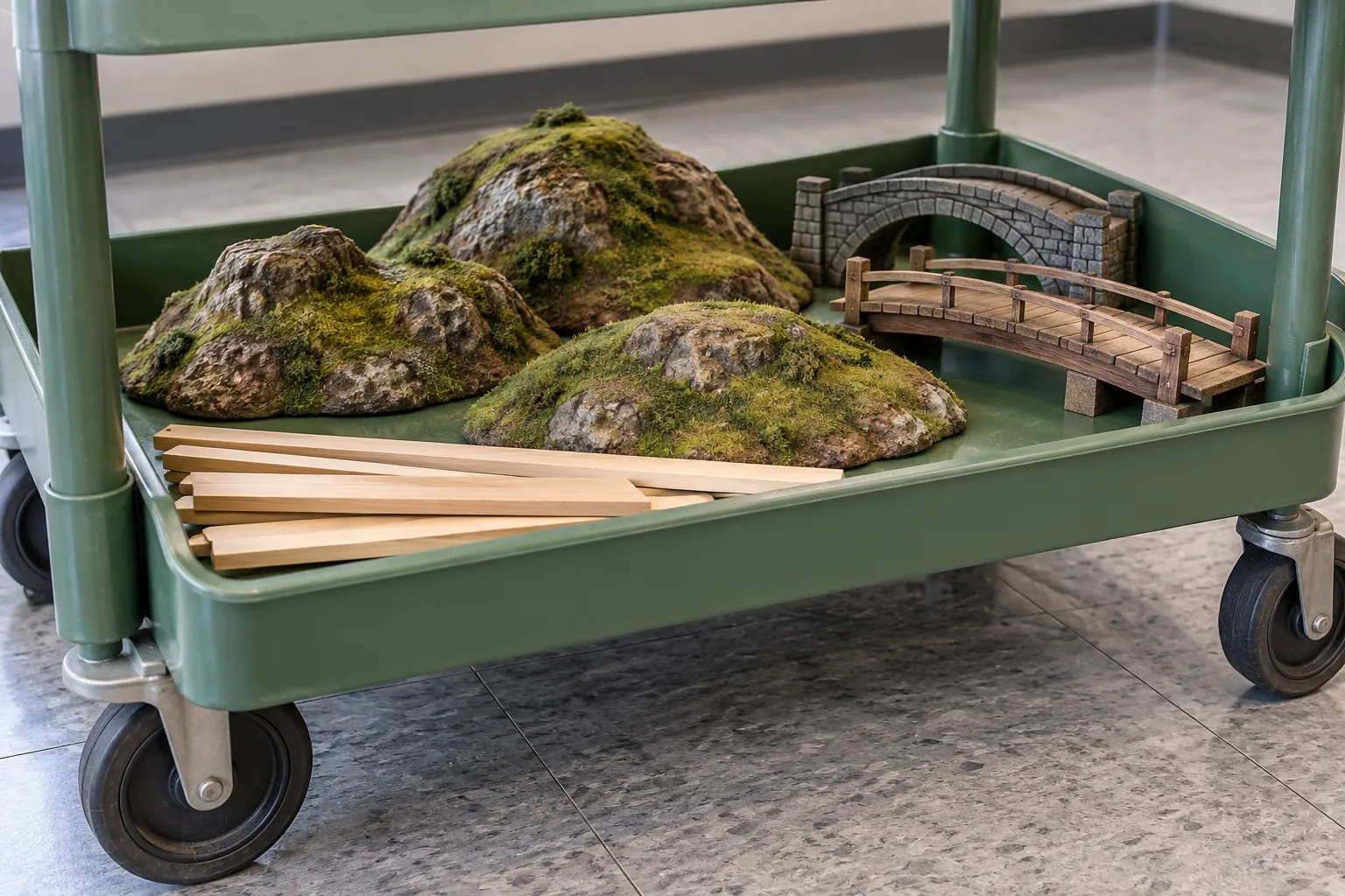 Illustration: Small original miniature terrain hills, simple bridges and blank measuring sticks occupy a green storage cart on gray community-room tiles, shot low.