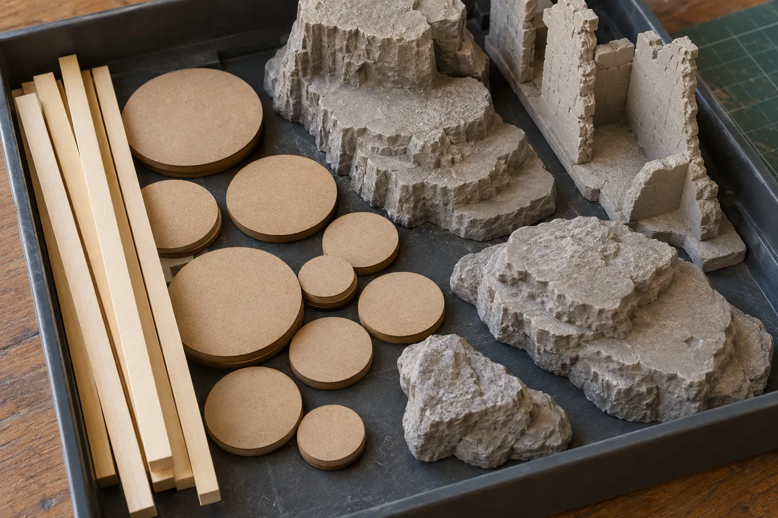 Illustration: Unmarked movement sticks, unit bases and terrain pieces in a tray.