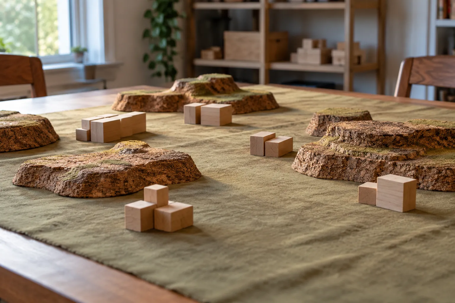 Illustration: Cork hills and wooden block units on a gaming mat.
